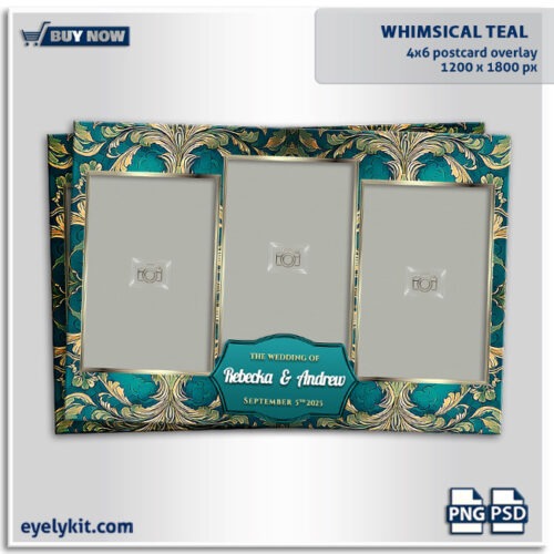 elegant teal 4x6 photo booth template- a chic, sophisticated design crafted to add a touch of elegance to any photo booth experience. Ideal for upscale events like weddings, formal parties, corporate galas, or milestone celebrations, this template features a rich teal background complemented by metallic accents for a luxurious look. Designed in a classic 4x6 layout (portrait or landscape orientation), this template brings a polished aesthetic to your photos, making it perfect for printing or sharing online. 3 portrait photos.