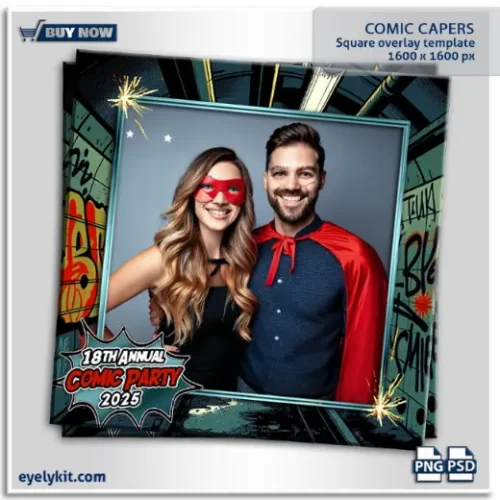 Comic Theme Photo Booth Templates- Fun Superhero Photo Booth Templates-Perfectly suited for superhero-themed parties, comic conventions, kids' birthdays, or any event that calls for a burst of energy and color, these templates combine bold graphics, dynamic layouts, and vibrant colors to bring the pages of a comic book to life.