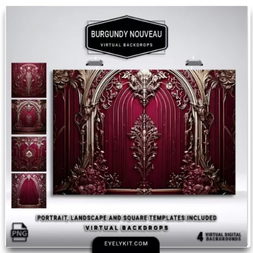 burgundy art nouveau backdrops- Elevate wedding photography with the Burgundy-Nouveau Pattern Backdrops Bundle, a luxurious collection of high-resolution digital backdrops designed for romantic, sophisticated celebrations. Featuring rich burgundy hues and ornate Nouveau-inspired patterns