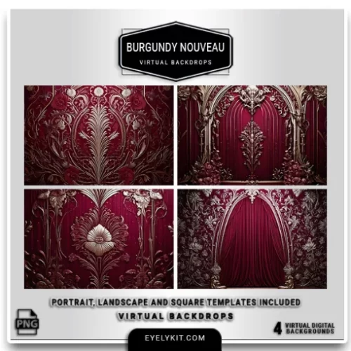 burgundy art nouveau backdrops- Elevate wedding photography with the Burgundy-Nouveau Pattern Backdrops Bundle, a luxurious collection of high-resolution digital backdrops designed for romantic, sophisticated celebrations. Featuring rich burgundy hues and ornate Nouveau-inspired patterns