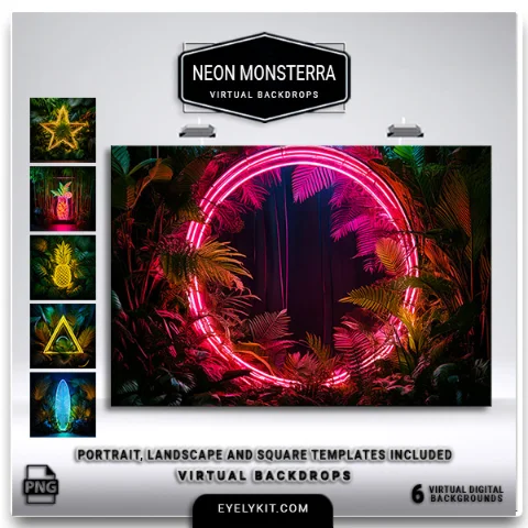 neon monsterra virtual backdrops- This vibrant set of virtual backdrops combines lush monstera leaves with bold neon lighting effects, creating a striking atmosphere that’s perfect for modern, jungle-inspired events, tropical parties, or nightlife-themed photo booth setups. Each high-resolution backdrop is designed to bring out the best of both botanical and neon aesthetics, making it ideal for guests who want an immersive, edgy experience with a touch of exotic flair.