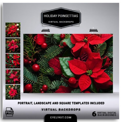 holiday poinsettias backdrops- a festive, high-quality collection of virtual backdrops that brings the beauty and warmth of the holiday season to your photo booth experience. This bundle features six unique poinsettia-themed backgrounds, each designed to add a touch of holiday elegance and charm to every photo. Perfect for iPad booths, DSLR booths, 360 booths, and other photo booth setups, these virtual backdrops ensure a seamless and festive experience for any holiday event.