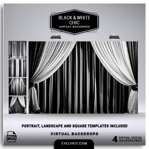 black and white chic backdrops- These digital backgrounds are designed to add a refined edge to any photo booth event, perfect for upscale occasions like weddings, galas, corporate events, and stylish celebrations. Featuring a sleek array of black and white themes—think chic geometric patterns, minimalist florals, classic damask, and art deco-inspired designs—these backdrops bring a classy aesthetic that enhances every photo.