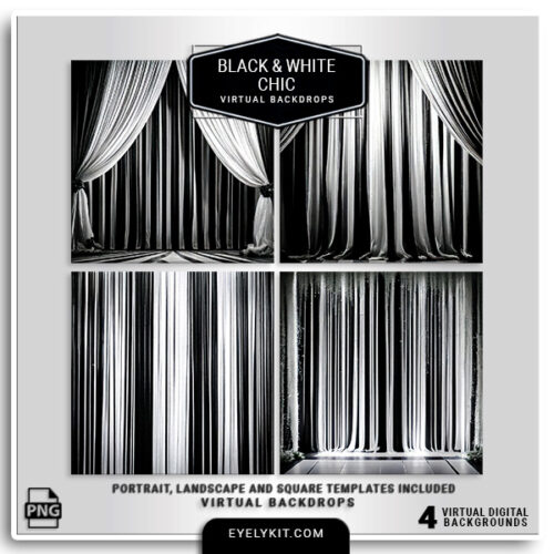 black and white chic backdrops- These digital backgrounds are designed to add a refined edge to any photo booth event, perfect for upscale occasions like weddings, galas, corporate events, and stylish celebrations. Featuring a sleek array of black and white themes—think chic geometric patterns, minimalist florals, classic damask, and art deco-inspired designs—these backdrops bring a classy aesthetic that enhances every photo.