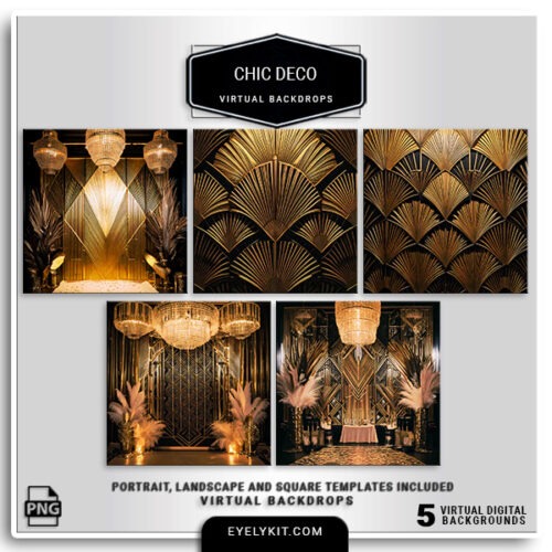 black and gold art deco backgrounds- These digital backgrounds bring a lavish 1920s vibe to any event, perfect for photo booths at Gatsby-inspired parties, upscale weddings, corporate events, and New Year’s Eve celebrations. Featuring iconic Art Deco patterns—think geometric lines, fan motifs, and bold, gold-accented designs—these backdrops embody the glitz and glamour of a vintage speakeasy with a touch of modern elegance.