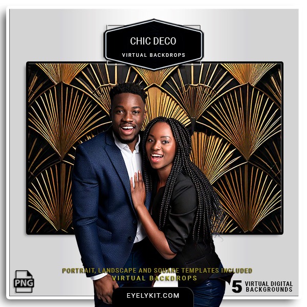 black and gold art deco backgrounds- These digital backgrounds bring a lavish 1920s vibe to any event, perfect for photo booths at Gatsby-inspired parties, upscale weddings, corporate events, and New Year’s Eve celebrations. Featuring iconic Art Deco patterns—think geometric lines, fan motifs, and bold, gold-accented designs—these backdrops embody the glitz and glamour of a vintage speakeasy with a touch of modern elegance.