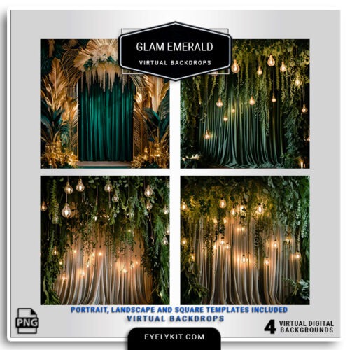 emerald and gold wedding backdrops- This stunning collection is designed to add a touch of opulence and elegance to any photo booth session, making it perfect for weddings, engagement parties, anniversary celebrations, and upscale events. Featuring rich emerald green backgrounds adorned with luxurious gold accents, delicate foliage, and sparkling touches, these backdrops bring an enchanted forest vibe to your photos with a modern twist.