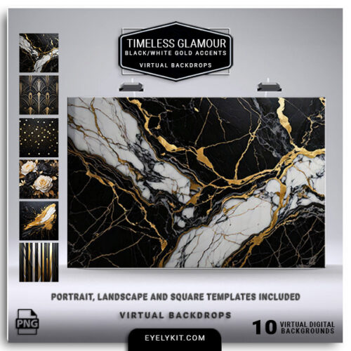 black white gold accents backdrops- a luxurious and elegant collection of backdrops designed to add a touch of sophistication and glamour to any event. This bundle features stunning designs with a modern black and white palette, highlighted by chic gold accents, perfect for creating a high-end, stylish atmosphere at your photo booth. Whether for weddings, corporate events, or milestone celebrations, these backdrops will elevate your photos to a new level of elegance.