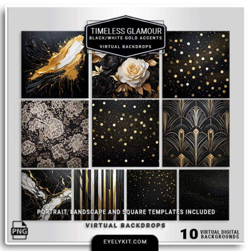 black white gold accents backdrops- a luxurious and elegant collection of backdrops designed to add a touch of sophistication and glamour to any event. This bundle features stunning designs with a modern black and white palette, highlighted by chic gold accents, perfect for creating a high-end, stylish atmosphere at your photo booth. Whether for weddings, corporate events, or milestone celebrations, these backdrops will elevate your photos to a new level of elegance.