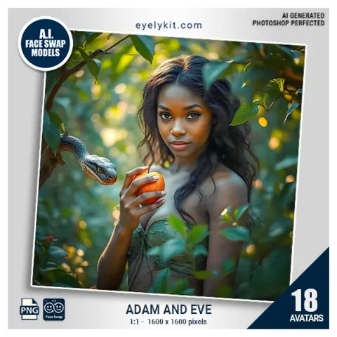 Adam and Eve Swap face swap- face swap avatars for photo booths, AI photo booth face swaps, themed photo booth models, garden-themed face swaps, photo booth face swap graphics, fun photo booth avatars, interactive photo booth templates, Adam and Eve photo booth theme, AI face swap event assets.