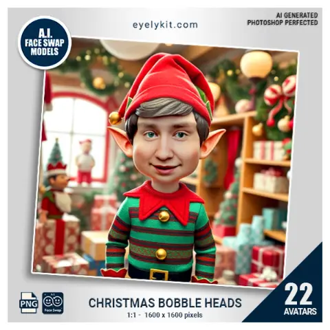 Christmas Bobble-Heads face swap- Christmas face swap set, bobble-head photo booth avatars, holiday photo booth face swaps, Santa Claus face swap template, festive face swap models, Christmas party photo booth graphics, fun holiday photo booth ideas, face swap for Christmas events, photo booth avatars for the holidays, interactive photo booth Christmas set