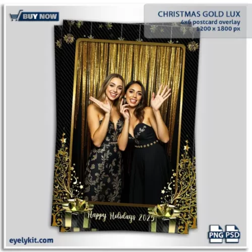 Christmas gold lux photo booth templates- Introducing our premium Christmas Gold Lux Photo Booth Overlay Template—an elegant and festive overlay designed to elevate holiday events with a touch of luxury and sophistication. Perfect for photo booth owners seeking a glamorous holiday overlay, this template combines rich gold accents with classic Christmas motifs to create a timeless, upscale aesthetic that complements any festive occasion.