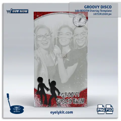 groovy disco 360 photo booth frame- 1920x1072 Instagram overlay-Turn your 360 photo booth into a time machine with our Groovy Disco Photo Booth Template! This 1920x1072 Instagram-style overlay is perfect for capturing the retro vibes of a classic disco party. Designed to complement your 360 booth videos, boomerangs