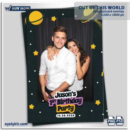 Space-themed photo booth overlay-the ultimate choice for creating unforgettable memories at kids' space-themed parties. Bursting with vibrant colors and playful designs, this overlay features fun stars, a whimsical planet, and a cheeky UFO flying across the backdrop. Perfect for birthdays, school events, or science-themed celebrations, this template will leave your guests feeling like they've traveled through the galaxy!