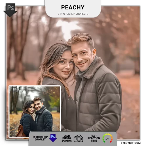 peach photoshop droplets- a collection of 3 expertly designed Photoshop droplets that infuse your images with a warm, peachy color tone. Perfect for photographers, event planners, and photo booth operators, these droplets provide a fast and effortless way to enhance your photos with soft, inviting hues.