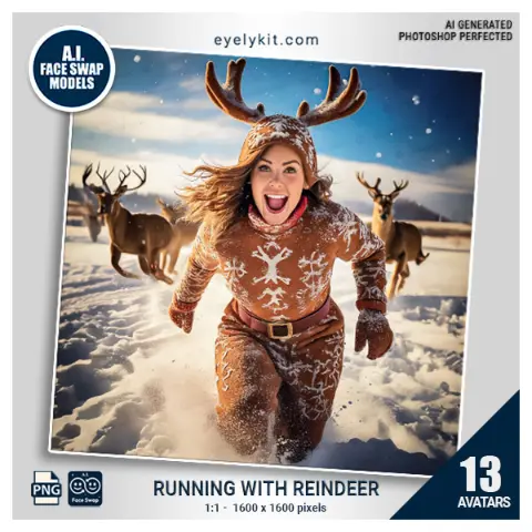 Running with Reindeer face swap- Running with reindeer face swap bundle, Christmas photo booth avatars, holiday face swap set, Santa and reindeer face swaps, festive photo booth graphics, Christmas face swap characters, fun holiday photo booth ideas, AI face swap for photo booths, photo booth Christmas theme, interactive holiday photo booth templates.