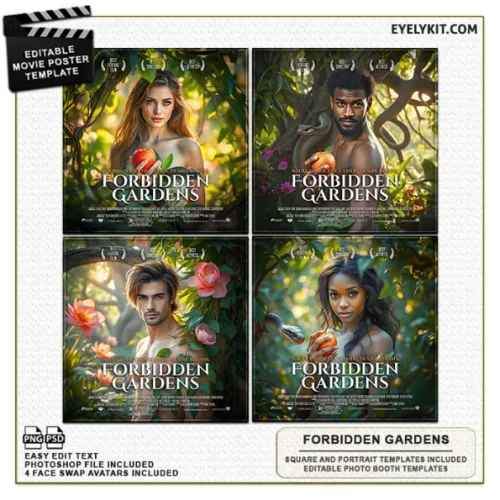 Adam and Eve Movie Poster templates-Unleash the power of creativity and storytelling with The Forbidden Gardens Editable Movie Poster Template, inspired by the timeless tale of Adam and Eve. This exquisitely designed template captures the mystique and allure of the legendary Garden of Eden, making it ideal for themed events, photo booths, and creative projects.