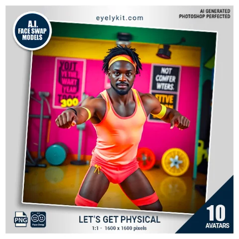 Retro 80s workout face swaps- 80’s workout face swap, retro face swap avatars, neon fitness photo booth templates, aerobics face swap bundle, AI face swap models, spandex photo booth overlays, 1980’s themed photo booth assets, throwback party templates, fun retro face swaps.