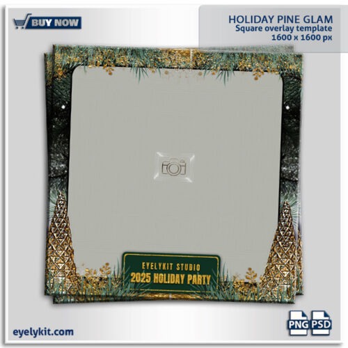 holiday pine glam photo booth templates- Festive Gold and Pine Design for Christmas Photo Booths. designed to add an elegant and festive touch to any Christmas or holiday-themed photo booth. This overlay template features lush green pine branches adorned with gold ornaments, sparkling accents, and a subtle yet glamorous holiday aesthetic that’s perfect for capturing the joy and warmth of the season. Whether for holiday parties, corporate events, or seasonal celebrations, this overlay transforms photos into festive memories with a touch of sophistication