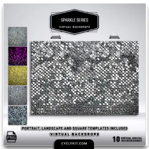 Sparkle Virtual Photo Booth Backdrops- This stunning set of six high-quality, glitter-inspired virtual backgrounds is perfect for creating dazzling memories at weddings, parties, corporate events, and more. Whether you’re hosting a glamorous gala or a chic birthday bash, these sparkling backdrops deliver unmatched elegance and style to your photos.