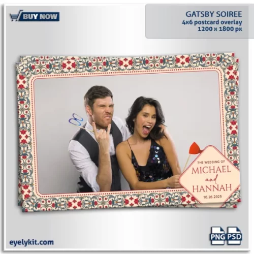 Gatsby Soiree Photo Booth Overlay- This stunning design encapsulates the sophistication and charm of the Roaring Twenties, featuring an intricate frame of elegant red flowers intertwined with graceful curved line patterns, all set against a warm beige background.