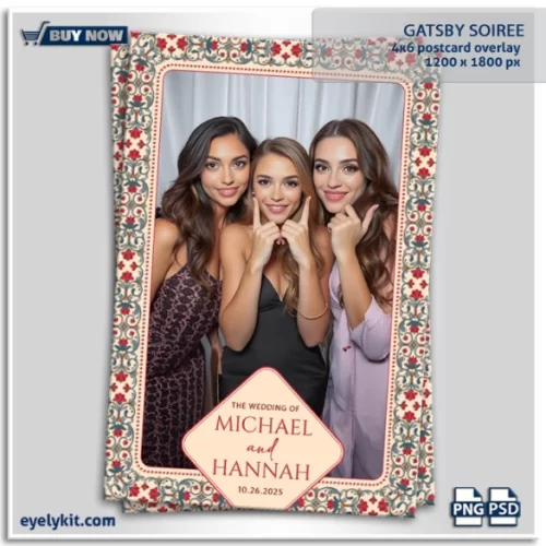 Gatsby Soiree Photo Booth Overlay- This stunning design encapsulates the sophistication and charm of the Roaring Twenties, featuring an intricate frame of elegant red flowers intertwined with graceful curved line patterns, all set against a warm beige background.