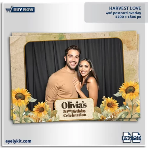 sunflower overlay templates- a charming photo booth overlay inspired by the beauty of sunflowers and warm earth tones. Perfect for rustic weddings, fall events, or countryside celebrations, this design brings the golden hues of a bountiful harvest into your photo booth experience.