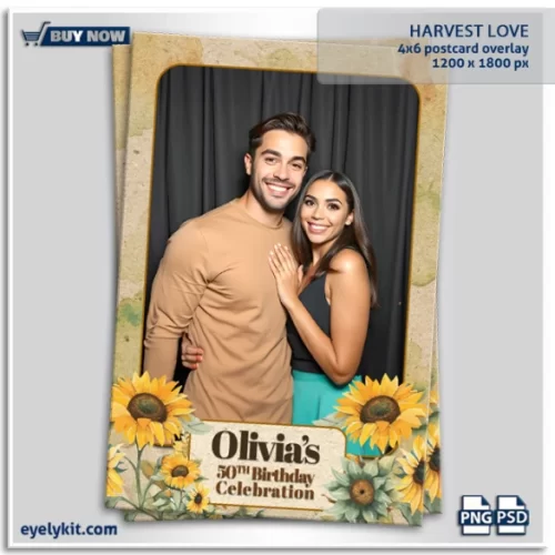 sunflower overlay templates- a charming photo booth overlay inspired by the beauty of sunflowers and warm earth tones. Perfect for rustic weddings, fall events, or countryside celebrations, this design brings the golden hues of a bountiful harvest into your photo booth experience.