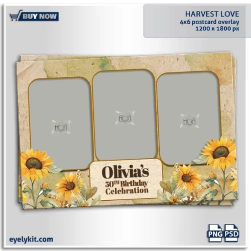 sunflower overlay templates- a charming photo booth overlay inspired by the beauty of sunflowers and warm earth tones. Perfect for rustic weddings, fall events, or countryside celebrations, this design brings the golden hues of a bountiful harvest into your photo booth experience.