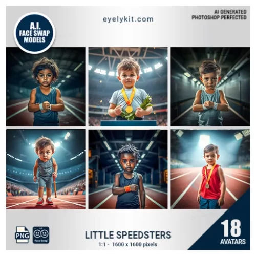 Little Speedsters Face Swap Bundle-a dynamic set of avatars designed to turn tiny 4-year-olds into energetic running track stars! This playful and engaging face swap set is perfect for kids’ birthday parties, school sports events, and any celebration where little ones can unleash their inner champions.