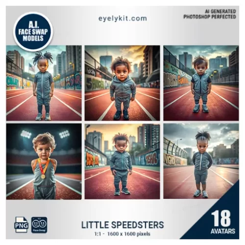 Little Speedsters Face Swap Bundle-a dynamic set of avatars designed to turn tiny 4-year-olds into energetic running track stars! This playful and engaging face swap set is perfect for kids’ birthday parties, school sports events, and any celebration where little ones can unleash their inner champions.