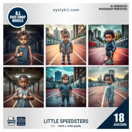 Little Speedsters Face Swap Bundle-a dynamic set of avatars designed to turn tiny 4-year-olds into energetic running track stars! This playful and engaging face swap set is perfect for kids’ birthday parties, school sports events, and any celebration where little ones can unleash their inner champions.