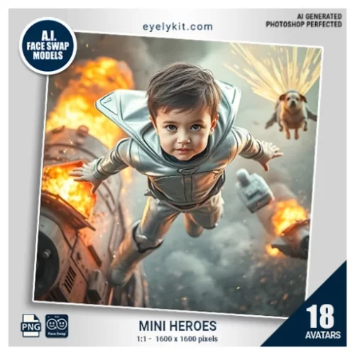 Mini Heroes Face Swap Bundle- designed to transform little 4-year-olds into their favorite tiny superheroes! This vibrant and action-packed set of avatars is perfect for kids' birthday parties, school events, or any gathering where young heroes can shine.