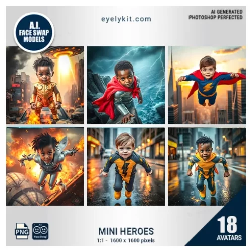 Mini Heroes Face Swap Bundle- designed to transform little 4-year-olds into their favorite tiny superheroes! This vibrant and action-packed set of avatars is perfect for kids' birthday parties, school events, or any gathering where young heroes can shine.