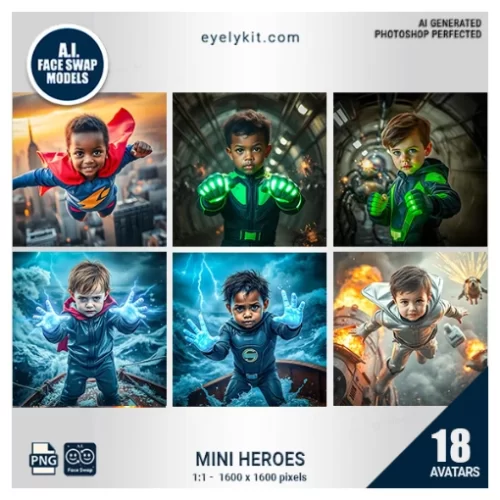 Mini Heroes Face Swap Bundle- designed to transform little 4-year-olds into their favorite tiny superheroes! This vibrant and action-packed set of avatars is perfect for kids' birthday parties, school events, or any gathering where young heroes can shine.