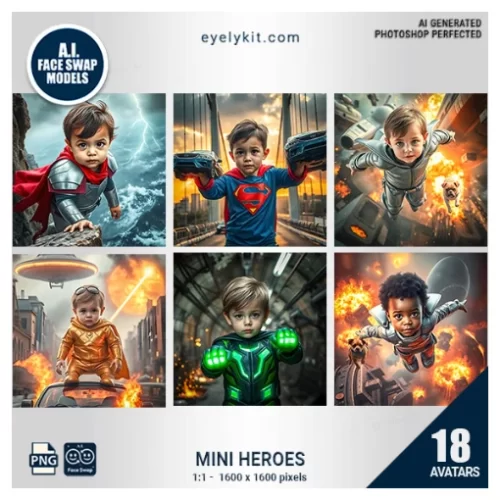 Mini Heroes Face Swap Bundle- designed to transform little 4-year-olds into their favorite tiny superheroes! This vibrant and action-packed set of avatars is perfect for kids' birthday parties, school events, or any gathering where young heroes can shine.