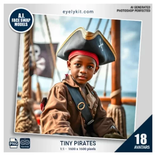 Tiny Pirates Face Swap Bundle- a delightful collection of avatars that transforms 4-year-olds into the most adorable little buccaneers on the high seas! Perfect for pirate-themed birthday parties, school events, and family gatherings, this bundle brings swashbuckling excitement to every photo booth experience.