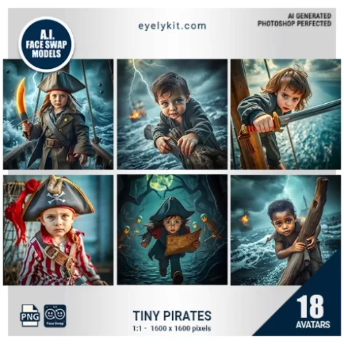 Tiny Pirates Face Swap Bundle- a delightful collection of avatars that transforms 4-year-olds into the most adorable little buccaneers on the high seas! Perfect for pirate-themed birthday parties, school events, and family gatherings, this bundle brings swashbuckling excitement to every photo booth experience.