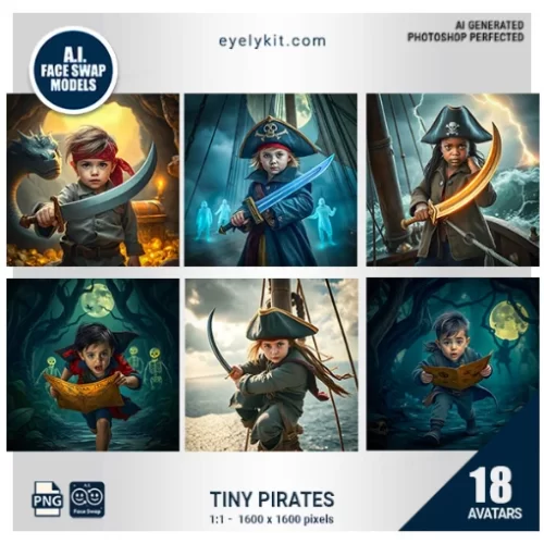 Tiny Pirates Face Swap Bundle- a delightful collection of avatars that transforms 4-year-olds into the most adorable little buccaneers on the high seas! Perfect for pirate-themed birthday parties, school events, and family gatherings, this bundle brings swashbuckling excitement to every photo booth experience.