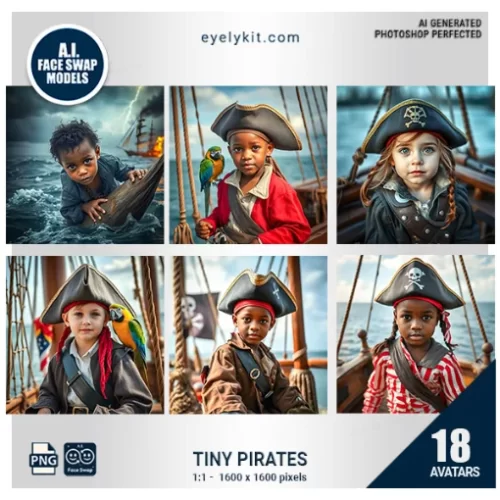 Tiny Pirates Face Swap Bundle- a delightful collection of avatars that transforms 4-year-olds into the most adorable little buccaneers on the high seas! Perfect for pirate-themed birthday parties, school events, and family gatherings, this bundle brings swashbuckling excitement to every photo booth experience.