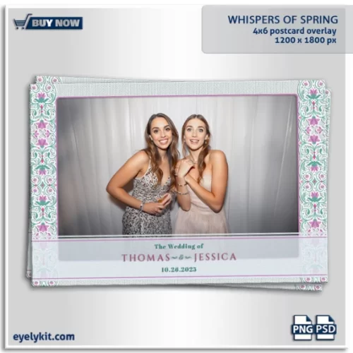 Whispers of Spring Overlay- This exquisite Photoshop template is a timeless addition to any event, featuring a textured white background paired with a captivating purple and blush pink floral pattern framing the sides. Perfect for weddings, bridal showers, spring celebrations, and upscale gatherings, this overlay is designed to enhance your photo booth images with grace and sophistication.