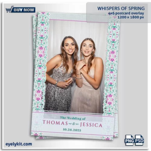 Whispers of Spring Overlay- This exquisite Photoshop template is a timeless addition to any event, featuring a textured white background paired with a captivating purple and blush pink floral pattern framing the sides. Perfect for weddings, bridal showers, spring celebrations, and upscale gatherings, this overlay is designed to enhance your photo booth images with grace and sophistication.