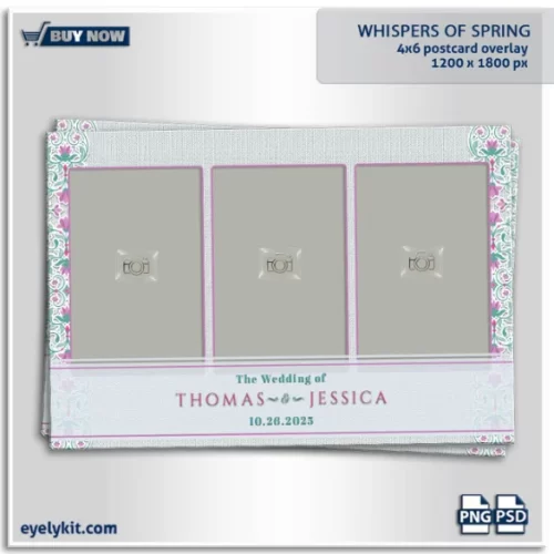 Whispers of Spring Overlay- This exquisite Photoshop template is a timeless addition to any event, featuring a textured white background paired with a captivating purple and blush pink floral pattern framing the sides. Perfect for weddings, bridal showers, spring celebrations, and upscale gatherings, this overlay is designed to enhance your photo booth images with grace and sophistication.