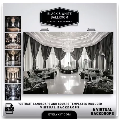 Black and White Ballroom Virtual Backdrops: Elegance for Any Event-Designed for photo booth owners, photographers, and event planners, these premium digital backdrops capture the grandeur of elegant black and white ballrooms, setting the perfect stage for unforgettable photos.