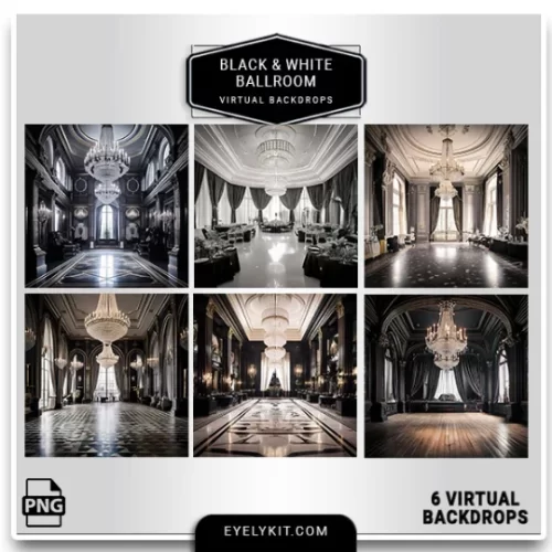 Black and White Ballroom Virtual Backdrops: Elegance for Any Event-Designed for photo booth owners, photographers, and event planners, these premium digital backdrops capture the grandeur of elegant black and white ballrooms, setting the perfect stage for unforgettable photos.