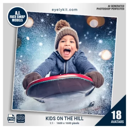 Kids on the Hill Face Swap Bundle-a delightful set of avatars featuring kids sledding down snow-covered hills. Perfect for winter-themed events, holiday parties, or family gatherings, this bundle captures the excitement and fun of a snowy day on the slopes!