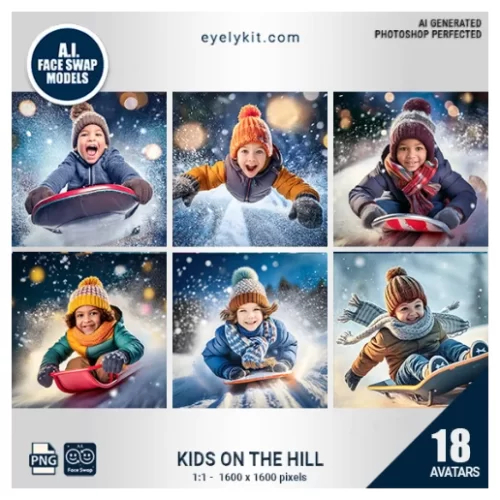 Kids on the Hill Face Swap Bundle-a delightful set of avatars featuring kids sledding down snow-covered hills. Perfect for winter-themed events, holiday parties, or family gatherings, this bundle captures the excitement and fun of a snowy day on the slopes!