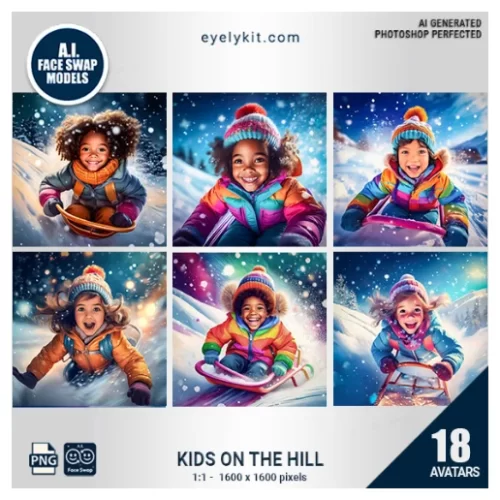 Kids on the Hill Face Swap Bundle-a delightful set of avatars featuring kids sledding down snow-covered hills. Perfect for winter-themed events, holiday parties, or family gatherings, this bundle captures the excitement and fun of a snowy day on the slopes!