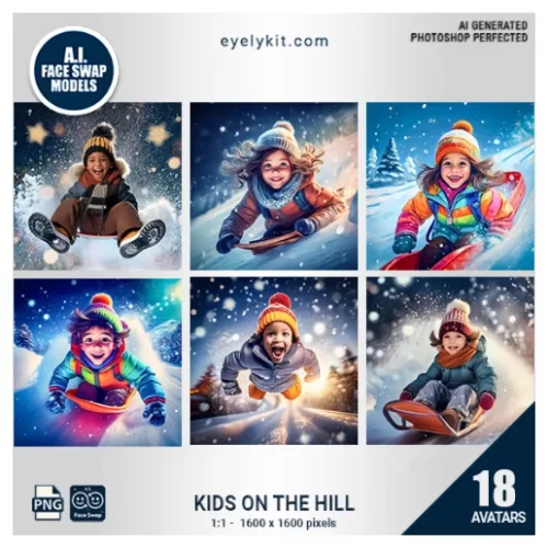 Kids on the Hill Face Swap Bundle-a delightful set of avatars featuring kids sledding down snow-covered hills. Perfect for winter-themed events, holiday parties, or family gatherings, this bundle captures the excitement and fun of a snowy day on the slopes!