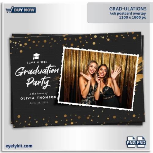 Sophisticated Graduation Photo Booth Template- This elegant Photoshop template is designed to honor graduates and elevate event photography. Featuring a dark grey background, shimmering gold polka dots, and a stunning splash of gold behind the photo placement, this overlay is perfect for capturing the excitement and achievement of the occasion.